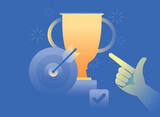 Hand pointing to trophy illustration vector design on blue background. Business success concept.