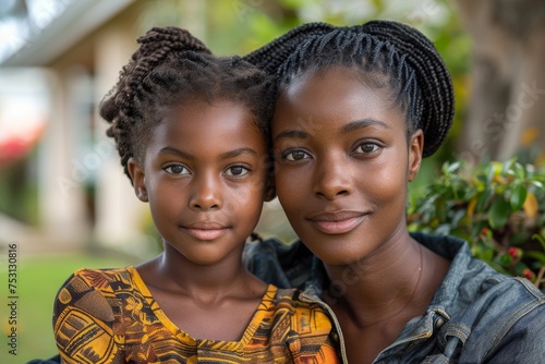 Both wearing traditional African clothing, a mother and daughter pose closely, showcasing their deep bond and cultural heritage