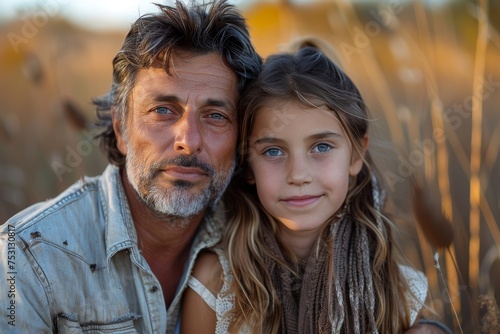 A middle-aged man and young girl with vivid blue eyes share a touching moment amid autumnal grass during golden hour