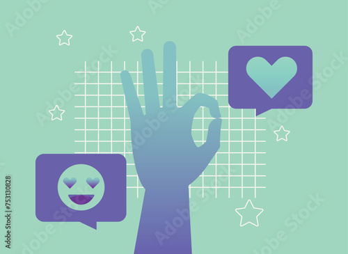 Hand showing ok gesture illustration vector design concept on blue background.