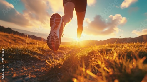 Feet, running fitness for workout. Athlete sprint and road to mountains. jump. sprint. high feet. sunrays.