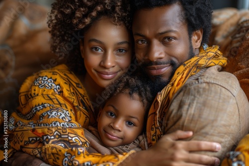 An African couple smiles warmly, holding their child close in a patterned wrap, radiating intimacy and familial love photo