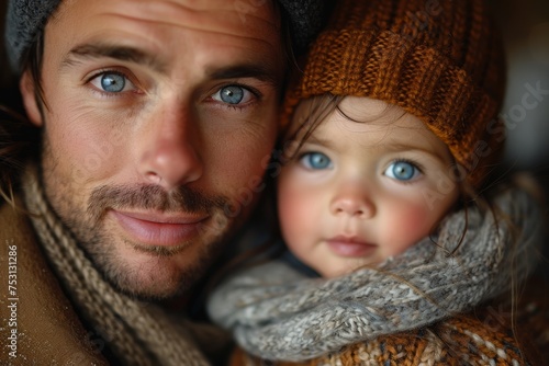 A handsome father and his blue-eyed toddler share a warm gaze, bundled in wintery scarves and hats