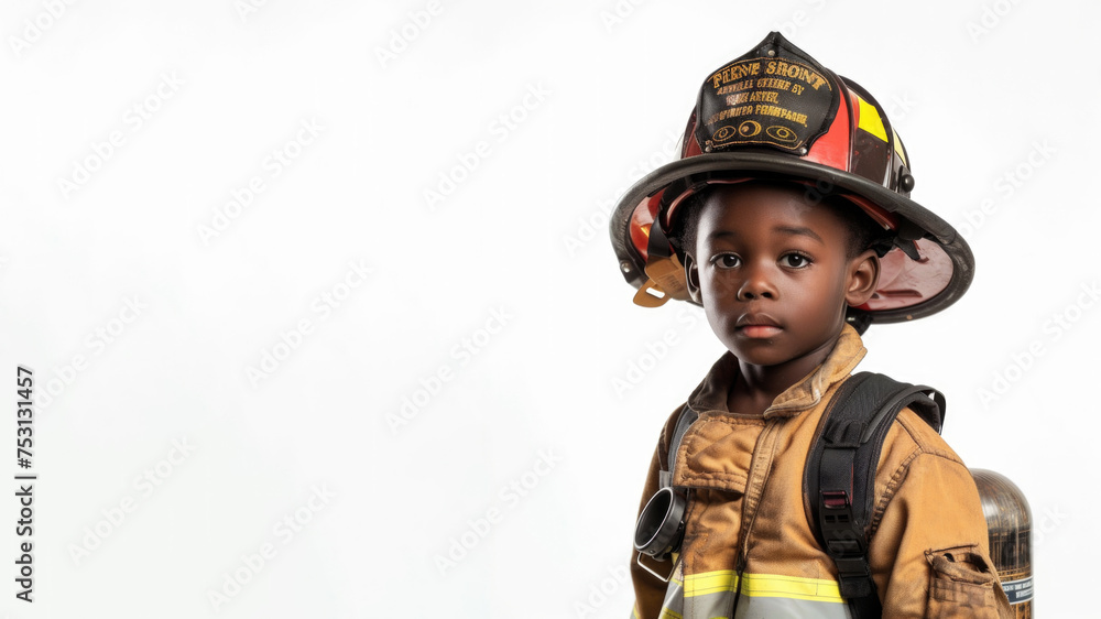 a studio portrait picture of little black boy dressed up as a firefighter isolated on white background a studio portrait picture of little black boy dressed up as a firefighter isolated on white background