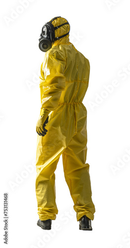 Quadro su tela Person in a full yellow hazmat suit and gas mask standing