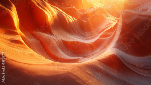 Sunlight filters through the smooth, wave-like sandstone walls of Antelope Canyon, creating a warm, glowing effect..