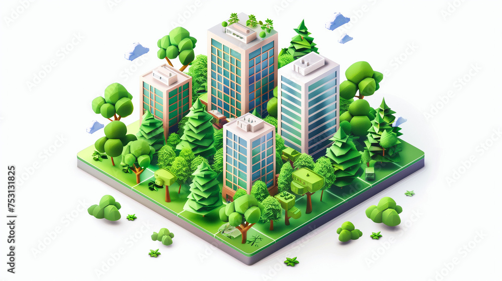 isometric sustainable ecocity building concept with trees concept isometric sustainable ecocity building concept with trees concept