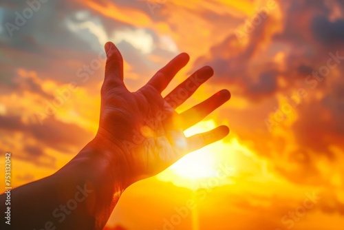 A hand reaching upward against a bright sun in the sky.