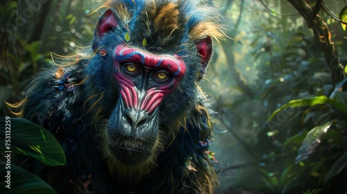 A captivating mandrill with striking facial colors peering through the mist of its jungle habitat. photo