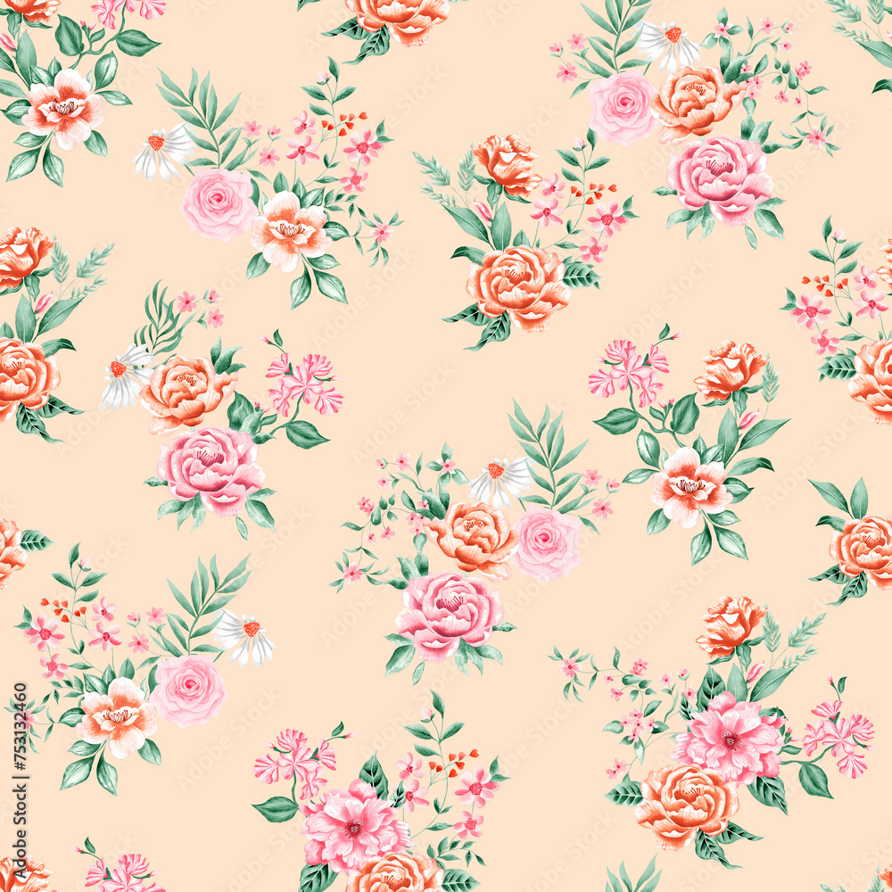 Watercolor flowers pattern, pink and orange flowers, green leaves, golden background, seamless