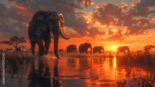 A herd of elephants walking through water with a stunning sunset backdrop in the African savannah..