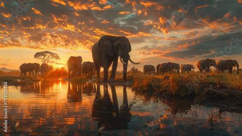 A herd of elephants walking through water with a stunning sunset backdrop in the African savannah..