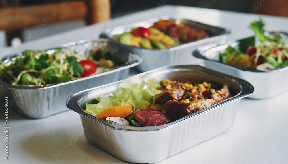 Nutritious meals. Vegetable salads and meat in aluminum boxes. Tasty food. Nutritious meals. Vegetable salads and meat in aluminum boxes. Tasty food.