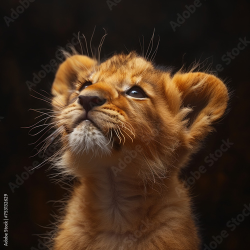 Lion cub portrait isolated on black background