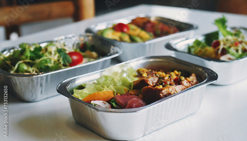 Nutritious meals. Vegetable salads and meat in aluminum boxes. Tasty food.