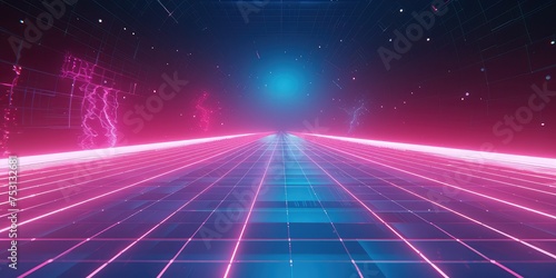 Synthwave wireframe net illustration. Abstract digital background. 80s, 90s Retro futurism, Retro wave cyber grid.