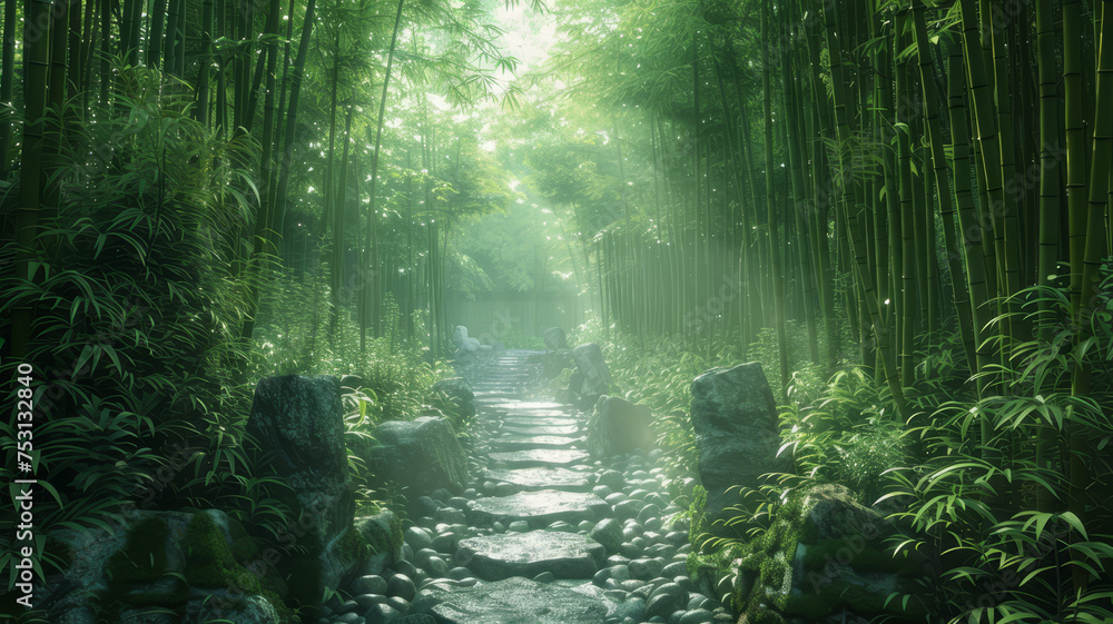 A tranquil stone path winds through a dense bamboo forest, with ethereal sunrays filtering through the misty air.. - obrazy, fototapety, plakaty 