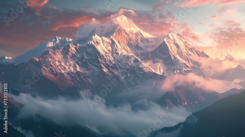 Sunset view of a majestic snow-capped mountain with clouds rolling in, highlighting the tranquil beauty of nature.