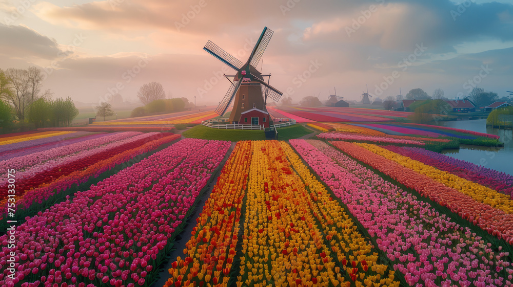 Traditional Dutch windmill stands tall surrounded by vibrant tulip fields under a soft dawn sky in the Netherlands..