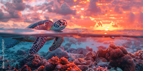 A majestic sea turtle is seen entering the ocean, with the dramatic backdrop of a vibrant sunset and soaring birds..