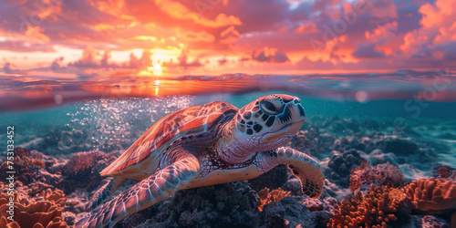 A majestic sea turtle is seen entering the ocean, with the dramatic backdrop of a vibrant sunset and soaring birds.. © bajita111122