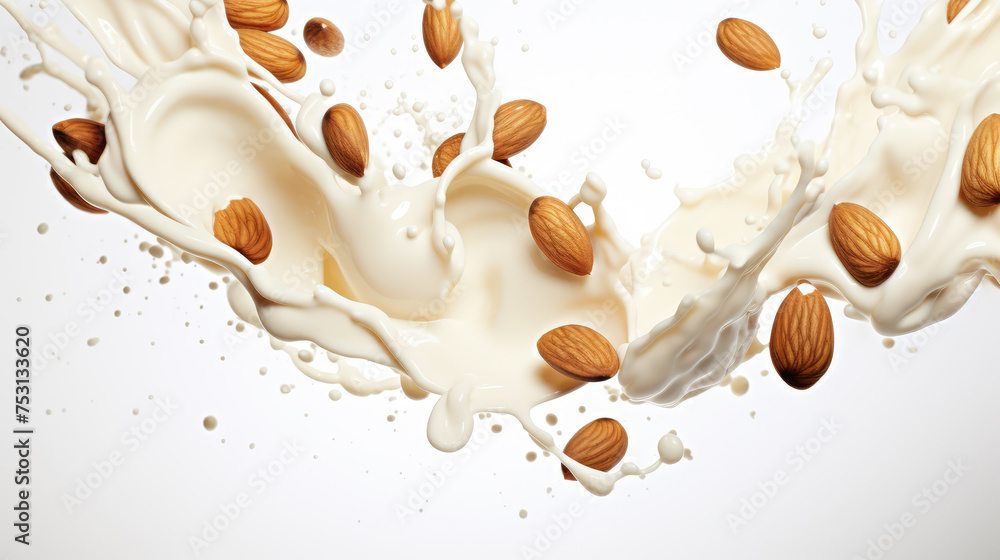 Fototapeta premium Almonds burst into a splash of milk, capturing a dynamic and creamy moment full of texture and movement.