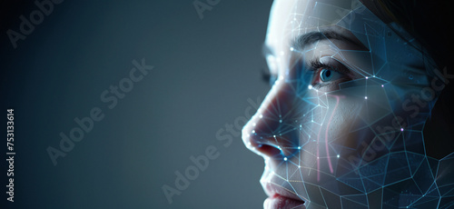 portrait of a person with a digital holographic facial recognition mask, over a light background, with copy space