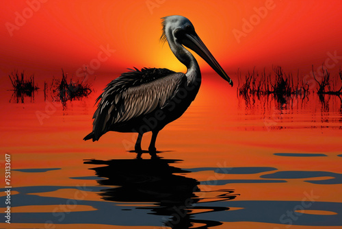 Serene pelican silhouette, with its distinctive bill and calm demeanor, symbolizing patience and perseverance.