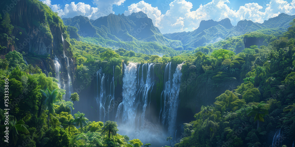 A breathtaking panorama of a powerful waterfall cascading down a rocky cliff into a river, surrounded by a verdant mountain forest under a clear blue sky..