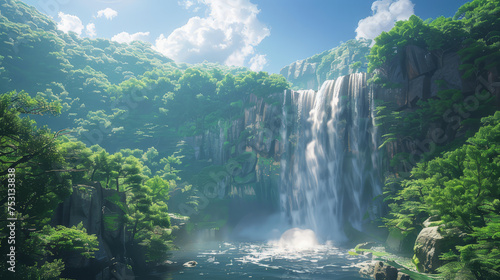 A breathtaking panorama of a powerful waterfall cascading down a rocky cliff into a river  surrounded by a verdant mountain forest under a clear blue sky..