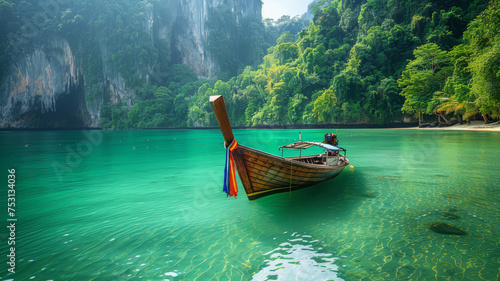 A traditional wooden longtail boat floats in a serene turquoise cove surrounded by lush green cliffs, epitomizing Thailand's tropical paradise..