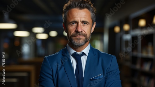 In a blue suit and a smile, a middle aged business CEO stands in his office arms crossed. Smiling mature confident professional executive manager, proud lawyer, confident businessman leader wearing