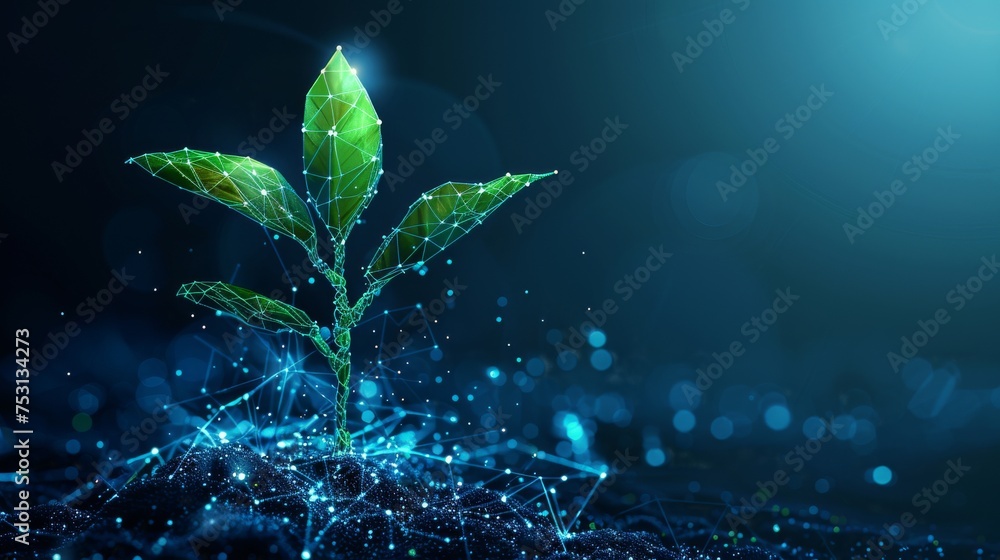 Biotechnology concept. Stem growing in green. Low poly design. Abstract blue geometric background. Wireframe light connection structure. Modern 3D graphic illustration. Isolated  illustration. - obrazy, fototapety, plakaty 