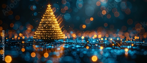 A Christmas poster with a Christmas tree and digits 2024 in an electronic design. A new year card with merry Christmas wishes on a cyber computer. A digital banner of a 2024 event with electronic photo