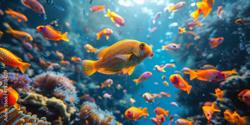 A colorful underwater scene featuring a diverse array of tropical fish swimming among coral reefs.. © bajita111122