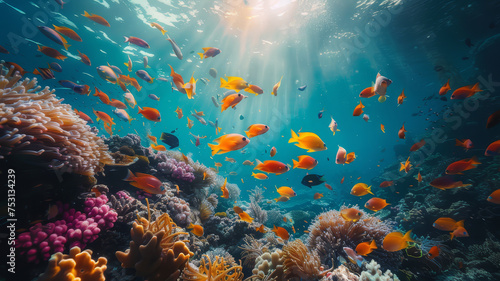 A colorful underwater scene featuring a diverse array of tropical fish swimming among coral reefs..