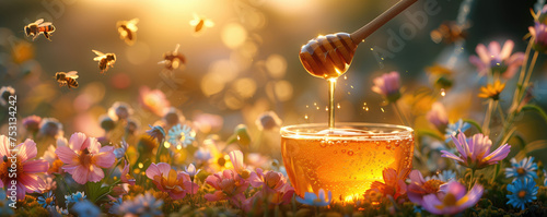 Golden honey drips from a dipper into a jar amidst a vibrant field of wildflowers with bees buzzing in the warm sunlight.