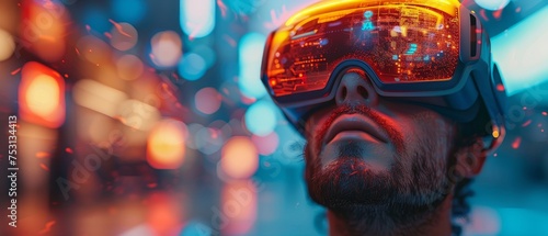 Digital computer entertainment technology. 3d rendering with man in augmented reality headset or VR glasses looking up in virtual simulation. 3D rendering with man in 3D headset or VR glasses looking