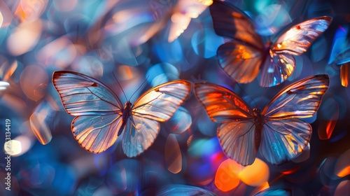 Ethereal blue butterflies showcasing their translucent and iridescent wings amidst a dreamy bokeh background.