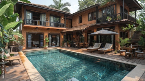 tropical resort with swimming pool and coconut palm trees © nataliya_ua