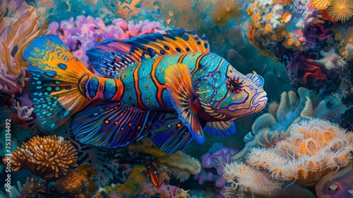 Digital artwork portraying a vibrantly colored mandarinfish swimming in a fantasy coral reef environment.