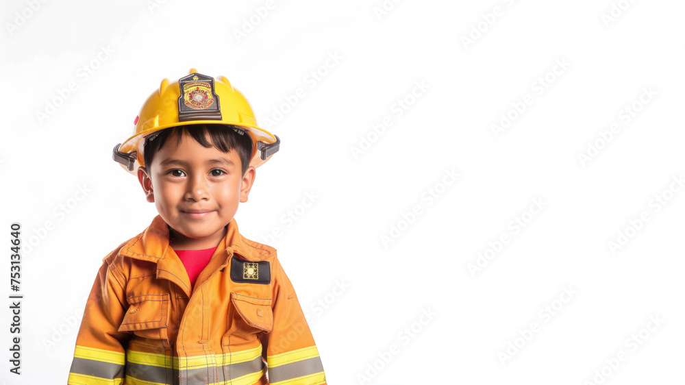 a studio portrait picture of little latin american boy dressed up as a firefighter fireman isolated on white background
