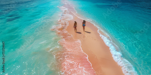 A parent and children walking hand in hand along a pristine sandy beach with clear turquoise waters under a sunny sky..