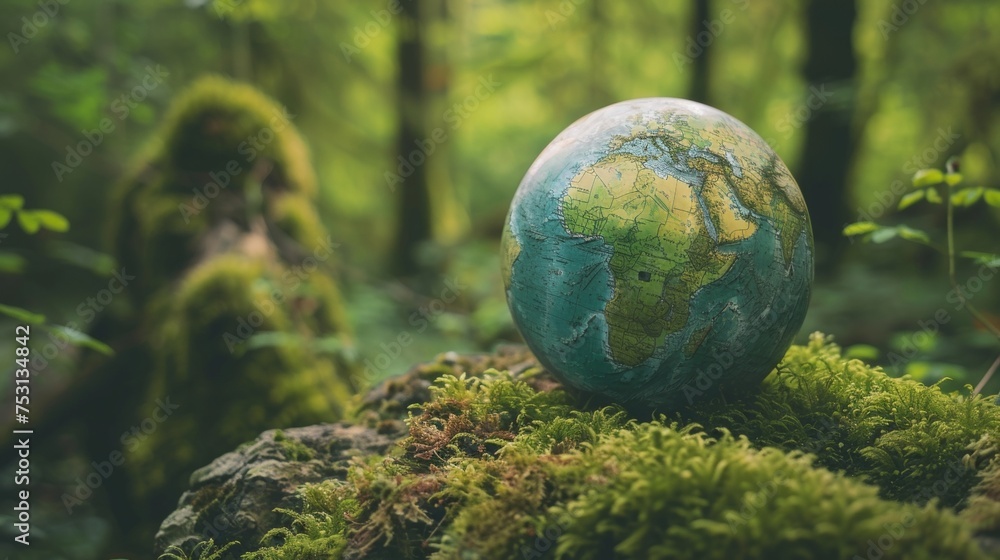 European and African globes resting on moss in a forest - concept of environment - obrazy, fototapety, plakaty 