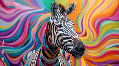 Portrait of a zebra against a mesmerizing background with colorful swirl patterns.