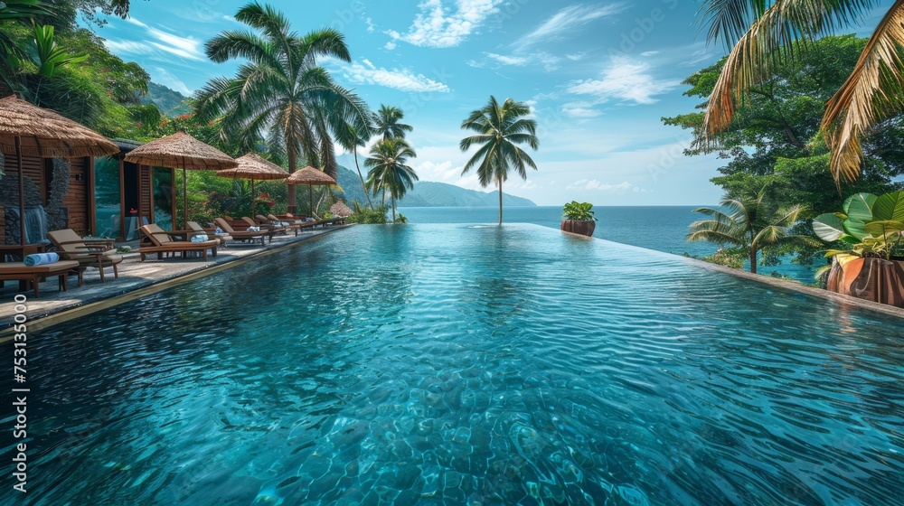 tropical resort with swimming pool and coconut palm trees