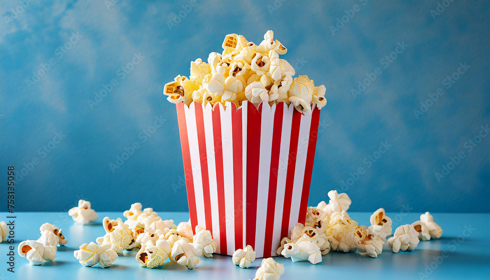 Popcorn in red and white cardboard box on blue background. Popcorn in red and white cardboard box on blue background.