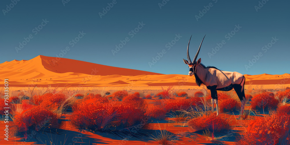 A majestic oryx antelope stands atop a sand dune against a vibrant orange desert background.. - obrazy, fototapety, plakaty 