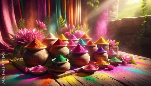 Realistic illustration for holi or dol jatra with a scene of a vibrant colored powders in bowls. photo