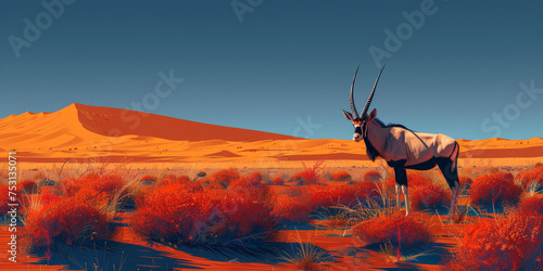 A majestic oryx antelope stands atop a sand dune against a vibrant orange desert background.. photo